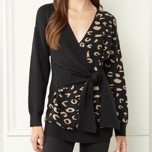 Entro Leopard Print Color Block V-Neck Wrap Sweater